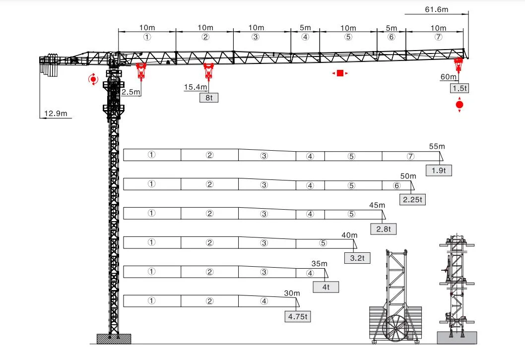 Sun Factory Qtp6015-8t Length 60 Meters Small Stationary Flat Top Tower Crane for Sale Construction Machinery Topless Equipment Tower Crane